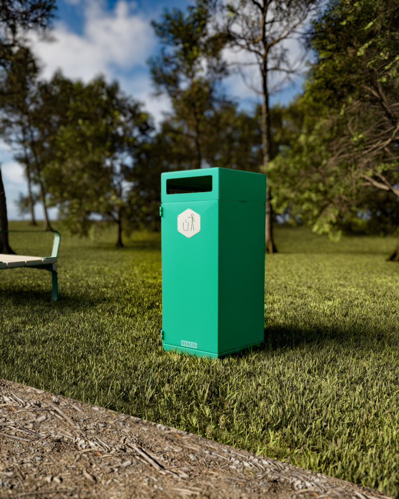 A render of the Rosenlund litter bin in a green park.